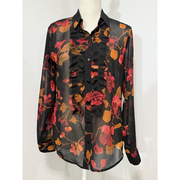 Cabi Catherine Black Sheer Ruffle Red Floral FALL Print Blouse Small Top 3505 - Picture 2 of 2